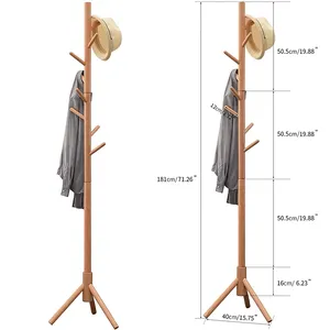 लकड़ी टोपी रैक ले जाने 3 लकड़ी पैर टोपी पोशाक पर्स पर्स दुपट्टा हैंडबैग छाता- (8 हुक) सरल विधानसभा, कपड़े बीच की लकड़ी,
