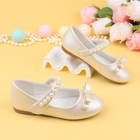 Chaussures plates Mary Jane pour filles, en PU perlé champagne, avec nœud et bride perlée, idéales pour cérémonies de mariage et robes de princesse - Vente en gros usine