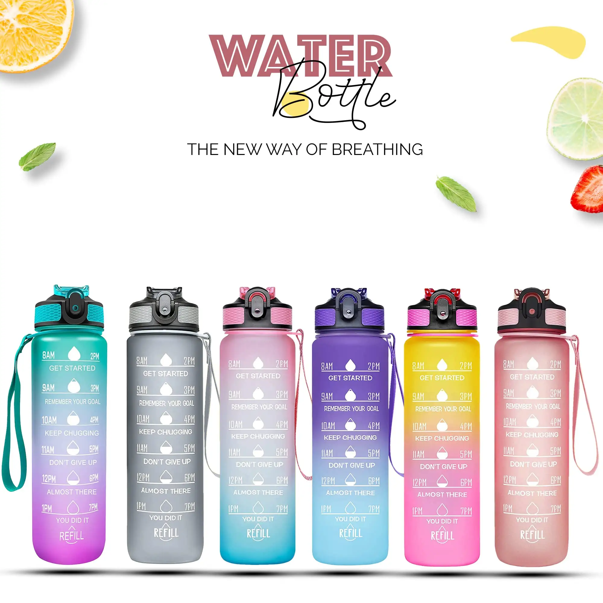 1L Bpa Large Sport Drink Bottle Motivational With Straw Time Markings For Fitness Outdoors Cycling