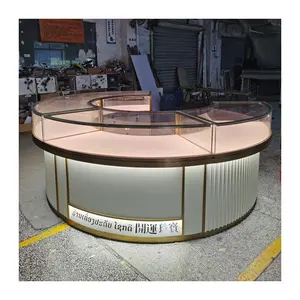 High-end Paint Gold Jewelry Store Display Cabinet Wooden Glass Showcase Round Stainless Steel Jewelry Counter Customization