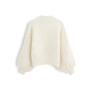 YT pullover rajut bergaris diagonal kustom manset lentera sederhana untuk anak perempuan dan sweater rajut longgar untuk anak perempuan
