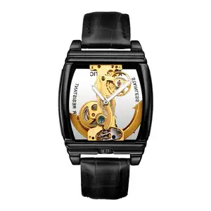 申华自动机械 9870 男士手表顶级品牌奢华真皮皮带透明手表