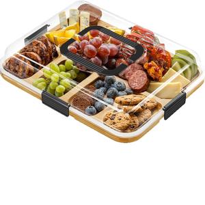 Planche à charcuterie en bambou avec couvercle et poignée, compartiments intégrés, couvercle transparent pour vin, assiettes d'apéritif, plateau à fromage - Product Image 5