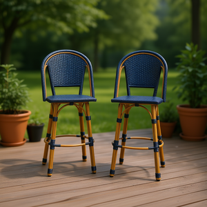 Tabourets de bar français d'extérieur en rotin et aluminium, finition bambou bleu marine, lot de 2 - Product Image 2