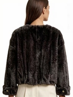 Ruhige Luxus-Öko-Freundliche Dicke Kunstfell-Kurzjacke |   V-Ausschnitt mit Reißverschluss |   Silber-Schwarze Nerz-Textur |   Goldene Knopfmanschetten für Damen