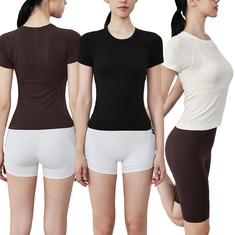 TX53001 Women Seamless Round Neck Short Sleeve Breathable Quick Dry Top Lightweight Tummy Control Yoga Tops