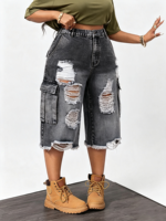 Shorts Capri en Jean Gris Foncé Déchiré Taille Haute pour Femmes Rondes avec Poches Latérales et Ourlet Effiloché – Style Streetwear Distressed