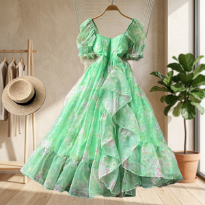 Robe longue décontractée d'été 2026 pour femme, col carré, taille haute, coupe trapèze, style vintage féerique français, à motifs floraux, manches bouffantes et volants, idéale pour les vacances - Product Image 2