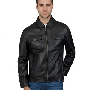 Veste en cuir véritable pour homme, col rabattu, fermeture éclair, coupe classique, style moto, vêtement d'automne - Product Image 2