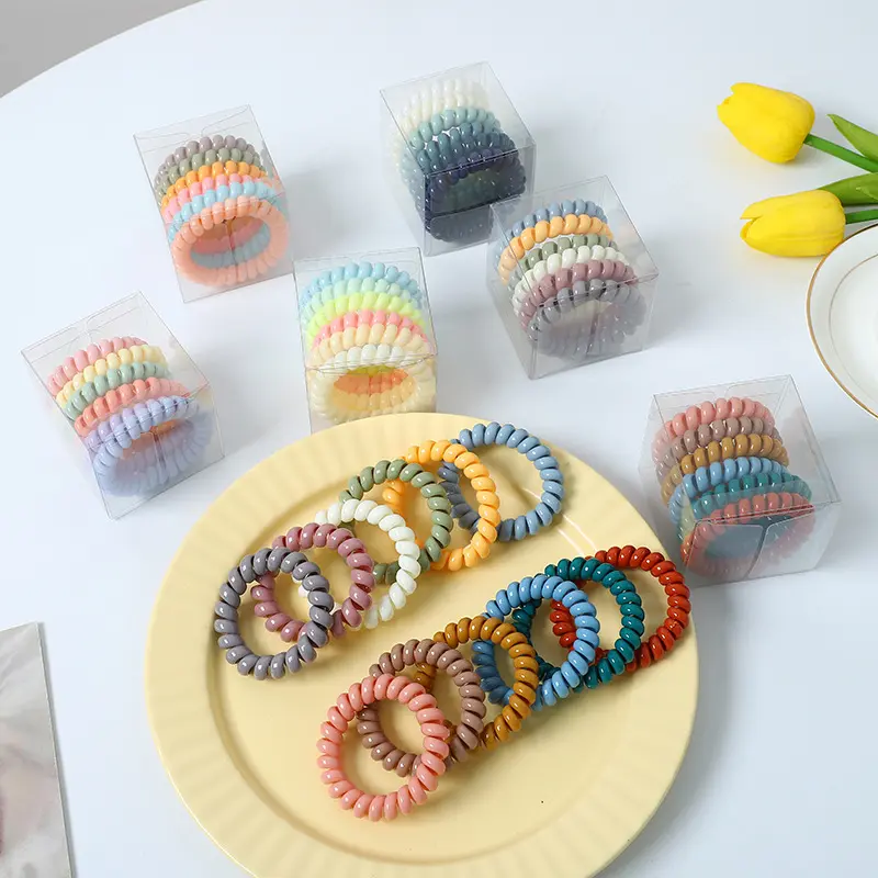 Women Fashion Box Spiraled Rubber Band Telephone Wire Hair Ties Elastic Hairband Hair Accessories Coil Ring Scrunchies