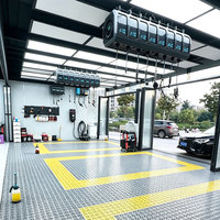 Ensemble complet 6 baies pour atelier de lavage et detailing automobile, avec enrouleur de tuyau intégré au plafond, nettoyeur haute pression, aspirateur, grille lumineuse et tapis de sol