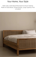 Cadre de lit double en rotin vintage, style Wabi Sabi, structure en bois massif, finition naturelle, lit plateforme moderne, meubles de chambre à coucher