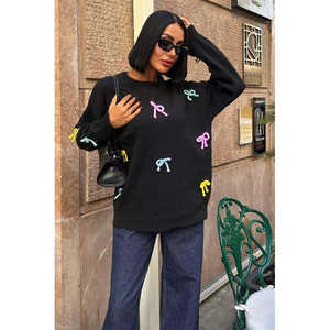 โซเบ คัลเลอร์ฟูล โบว์เสื้อสเวตเตอร์ถักผู้หญิงแขนยาวลำลองป้องกันขนร่วง 14 Gg สีดำ - Product Image 3