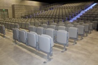 Fauteuils de théâtre rembourrés en mousse écologique, confortables et durables, de la marque CETA, fabriqués en Italie, certifiés sécurité incendie, avec siège relevable.