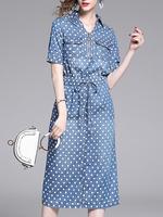 2019 nouveau modèle col rabattu manches courtes imprimé à pois robe Midi Demin pour les femmes