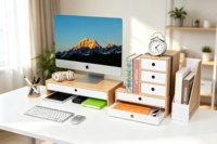 Organisateur de bureau modulaire en bambou avec tiroirs, armoire de rangement de bureau avec insert en acrylique pour fournitures de bureau et cosmétiques