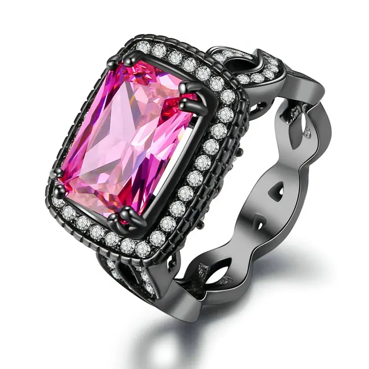 Nieuwe Mode Luxe Sieraden Trouwringen Zwarte Goud Kleur Grote Vierkante Roze Cubic Zirconia CZ Vrouw Engagement Ring DD041