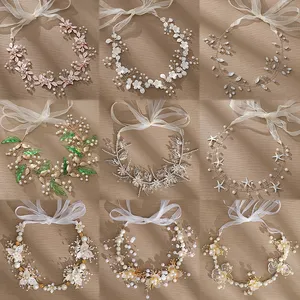 Halo Floral Wreath Artificial Flower Crown Handmade Hair Vine Bridal Headpieces with ribbon rhinestone hair accessories