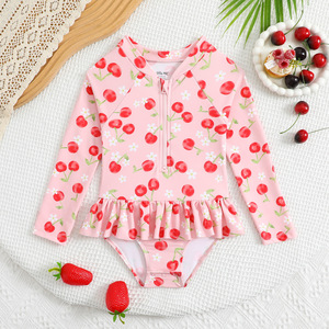 Ensemble <span class=keywords><strong>de</strong></span> maillots <span class=keywords><strong>de</strong></span> <span class=keywords><strong>bain</strong></span> une pièce en nylon pour enfants avec imprimé floral et dessin animé, fermeture éclair, manches longues, bordure en dentelle - Design mignon - Product Image 5