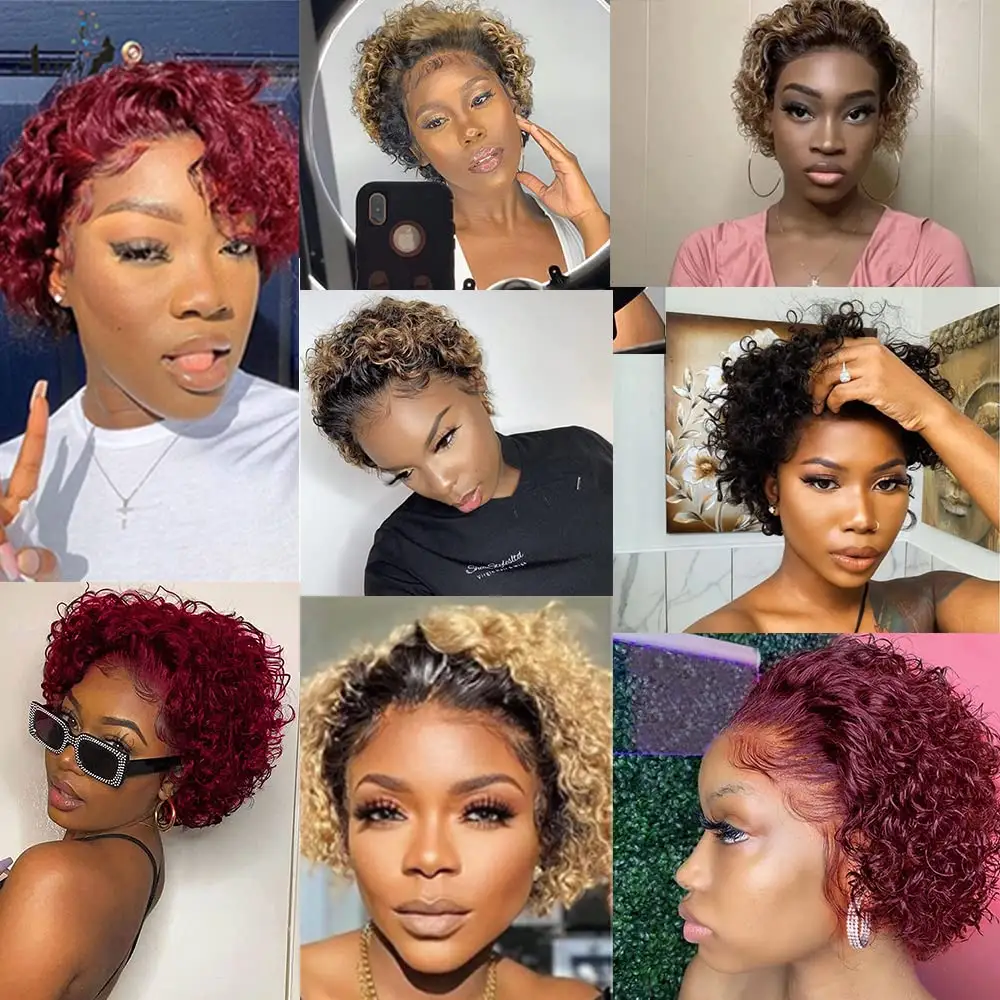 WXJ Hot Beauty 13x4 Lace Front Pixie Cut Wig Atacado 100% Brasileiro Perucas Curtas de Cabelo Humano Bob Peruca Com Bang Para As Mulheres Negras