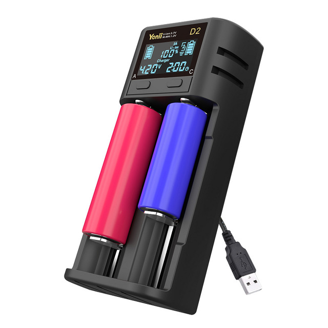 Type-C 5V D2 Model Dual-Slot LCD Battery Charger for 18650/26650/AAA/21700 Lithium-Ion Batteries Reverse Polarity Protection FCC