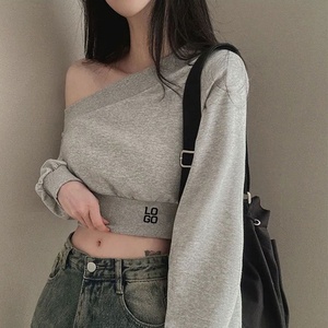 OEM Custom Logo <strong>Off</strong> <strong>the</strong> <strong>Shoulder</strong> Casual <strong>Jumper</strong> Long Sleeve Slash Neckline Pullover Cropped Tops Sweatshirt for Women Spring Fall - Product Image 2