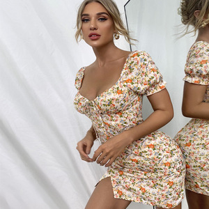 Abito estivo stampato a vita alta con gonna corta, <span class=keywords><strong>vestito</strong></span> floreale sexy con spacco, scollo quadrato, scollatura profonda, allacciatura sul retro, senza schienale, <span class=keywords><strong>aderente</strong></span> - Product Image 3