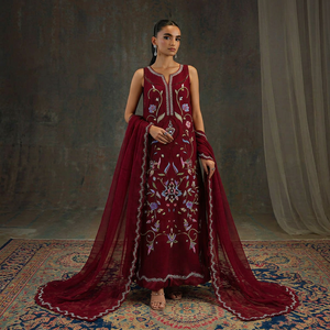 Salwar Kameez de Seda Bordada Color Granate para Mujer, Estilo Internacional, Vestido Tradicional Indio-Pakistaní para Bodas - Product Image 1