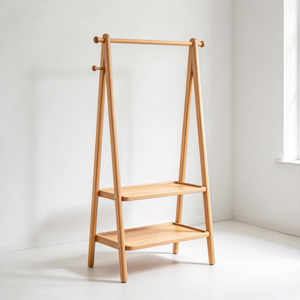 Porte-manteau en bois sur pied avec 2 étagères de rangement, organisateur de vêtements pour chambre à coucher - Product Image 4