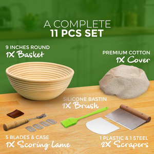 Bread Proofing Basket 11 Piece Set Includes 9 Inch <b>Round</b> Basket Bread Lame Blades Scrapers Silicone <b>Brush</b> Sourdough Baking Kit - Product Image 3