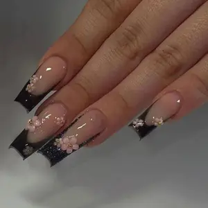 2023 personnalisé français 3D fleur noir paillettes Long carré faux acrylique conception en gros personnalisé presse sur les ongles avec boîte