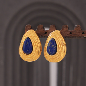 Boucles <span class=keywords><strong>d</strong></span>'oreilles en forme de goutte <span class=keywords><strong>d</strong></span>'eau en <span class=keywords><strong>lapis</strong></span>-<span class=keywords><strong>lazuli</strong></span> plaqué <span class=keywords><strong>or</strong></span> rose en acier titane au tempérament rétro pour femmes, cadeau de fiançailles - Product Image 4