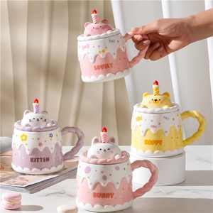 Tasse à café en céramique motif animal de dessin animé, vente en gros d'usine, avec couvercle et cuillère, pour bureau, maison, cadeau d'anniversaire - Product Image 1