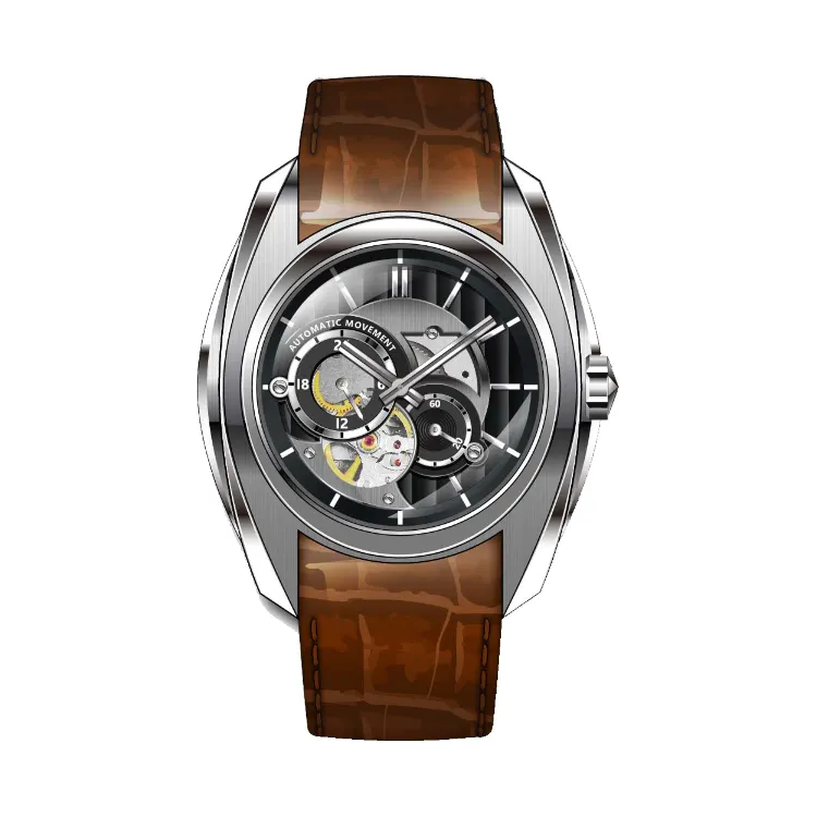ساعة ميكانيكية للرجال مع شعارات قابلة للتخصيص وتصميم بني مع ساعة أنيقة بتصميم مجوف