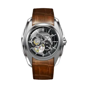 Men's Mechanical Watch with Customizable Logos and Design Brown Leather Band with Hollow out Design Fashion Watch