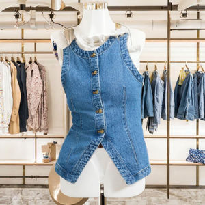 เสื้อกั๊กผ้ายีนส์สไตล์ยุโรปอเมริกันแบบใหม่สำหรับฤดูร้อนของ2025คอกลมทรงสลิมฟิตพร้อมกระดุมตกแต่งแขนกุด - Product Image 3