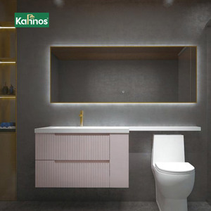 Light Pink Fluted Bathroom <b>Vanities</b> With Gold Framed Backlit Rectangular <b>Mirror</b> and Extended Countertop - Product Image 1