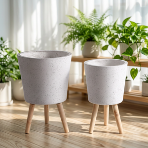 Pot de fleurs minimaliste en béton avec pieds en bois, jardinière pour plantes d'intérieur, décoration pour la maison - Product Image 1