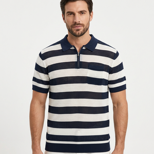 Fournisseur de tricots sur mesure, pull à manches courtes en coton 100% GOTS, polo en tricot rayé pour homme, été - Product Image 1