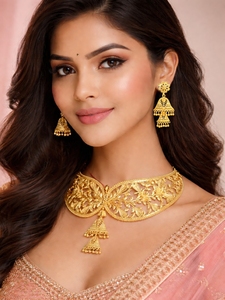Achetez des accessoires de mode floraux plaqués or pour un ensemble de collier avec boucles d'oreilles Jhumka assorties, pour les mariages et les occasions festives - Product Image 3