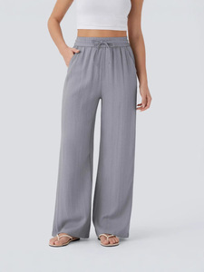 กางเกงขายาวทรงตรงเอวสูงสำหรับผู้หญิง มีเชือกผูก เอวสูง ระบายอากาศได้ดี เป็นมิตรกับสิ่งแวดล้อม ผ้าฝ้าย มีกระเป๋าข้าง ทรงหลวม ใส่สบาย เหมาะสำหรับไปเที่ยวชายหาด - Product Image 4