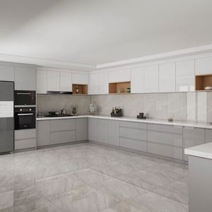 Mueble de Cocina Moderno Ecológico en Forma de U con Acabado en Laca Gris y Encimera de Cuarzo para Apartamento - Product Image 1