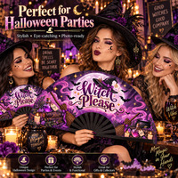 Éventail pliant personnalisé en bambou et plastique avec logo, idéal pour les fêtes costumées d'Halloween, motif Sorcière, vente en gros