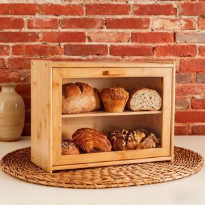 Boîte à pain en bambou à double couche avec porte en verre pour le rangement de la cuisine à domicile 38x15.5x29cm - Product Image 1