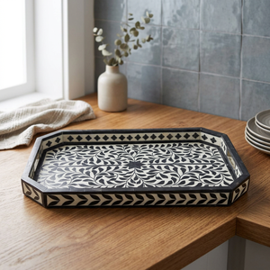 <b>Black</b> and White Resin Inlay Octagonal Serving Tray with Floral Leaf Pattern for Dining Table Customized Serving Tray New Arrival - Product Image 1
