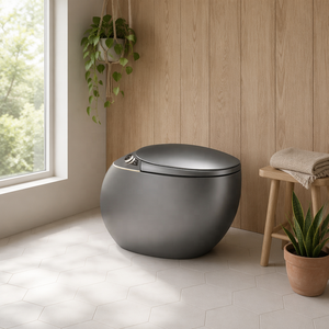 WC intelligent gris anthracite moderne avec bidet intégré, monobloc, forme œuf, sans rebord, siège chauffant, séchoir à air chaud, chasse d'eau automatique - Product Image 4