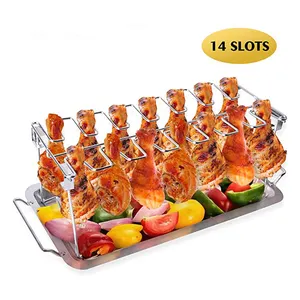 14 Slots Stainless Steel Vertical Roaster Stand with Drip Pan Foldable Chicken Wing Leg Grill Rack for Grill Smoker or Oven