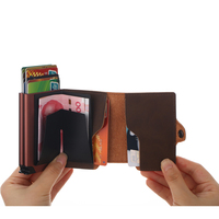 Dompet logam penghalang RFID pria, kapasitas besar Logo kustom dengan desain Pop-Up kulit PU tempat kartu ganda