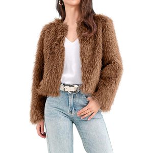 Fisoew Abrigo de piel sintética para mujer, manga larga, corto, con frente abierto, chaqueta corta, ropa de abrigo cálida para invierno - Product Image 4