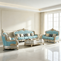Ensemble de canapés modernes avec dossier capitonné, meubles de salon, canapé sculpté à la main en cuir bleu clair, argenté et doré, avec cadre incurvé